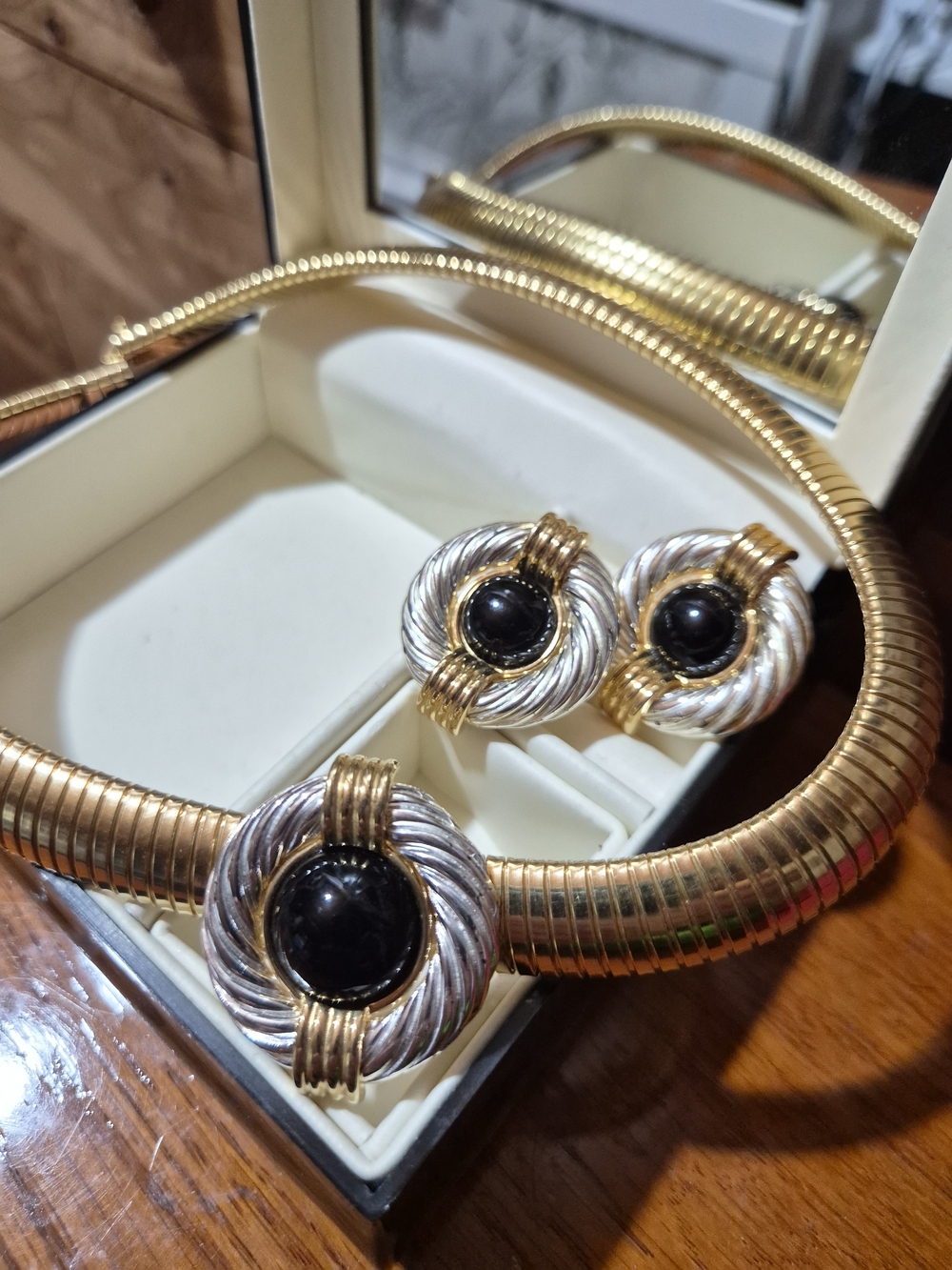 Vintage Gold & Silver Omega Necklace and Earring Set with Black Stones